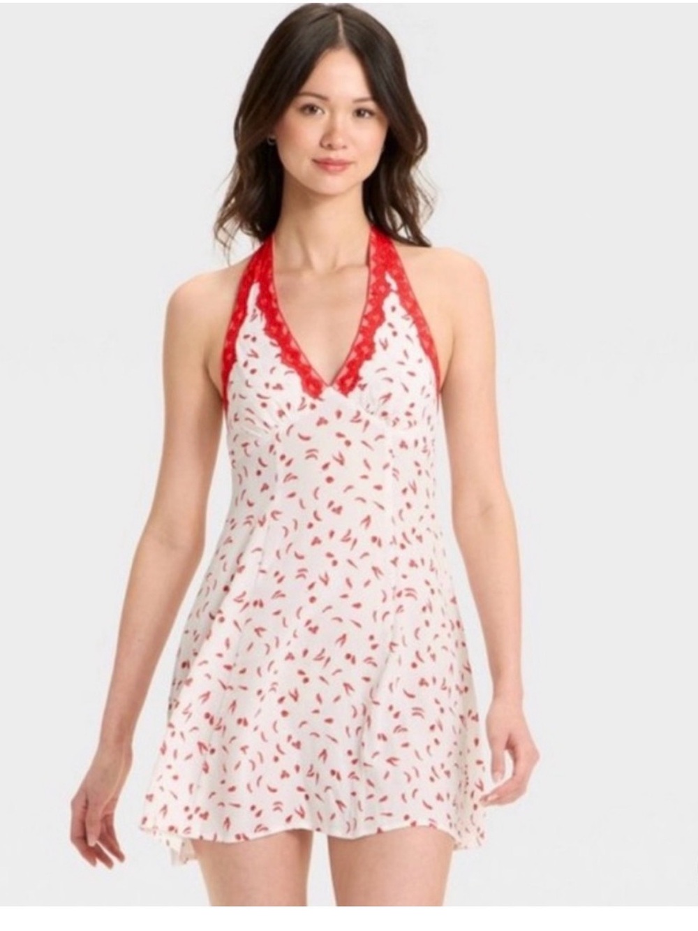 Red Trim White Halter Slip Dress with Red Sprinkle Print